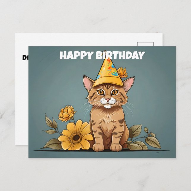 Postal gato de oro asiático con gorra de cumpleaños (Anverso / Reverso)