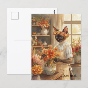 Postal Gato de otoño con flores - Saludo de temporada de 