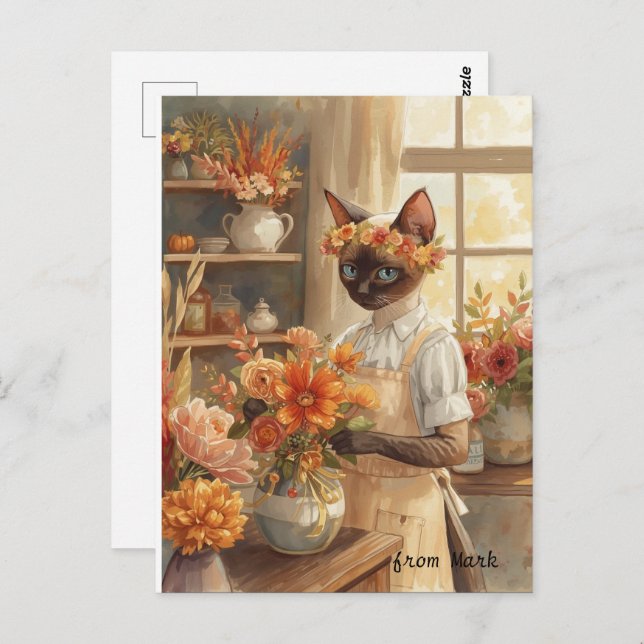 Postal Gato de otoño con flores - Saludo de temporada de  (Anverso / Reverso)