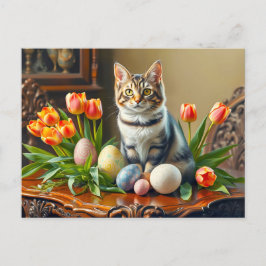 Postal Gato de Pascua con huevos y tulipanes