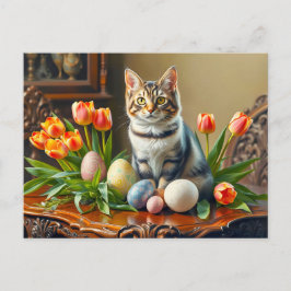 Postal Gato de Pascua con huevos y tulipanes