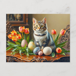Postal Gato de Pascua con huevos y tulipanes