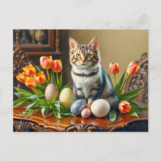 Postal Gato de Pascua con huevos y tulipanes (Anverso)