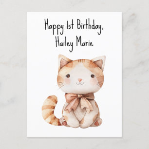 Postal Gato de peluche personalizado para primer cumpleañ