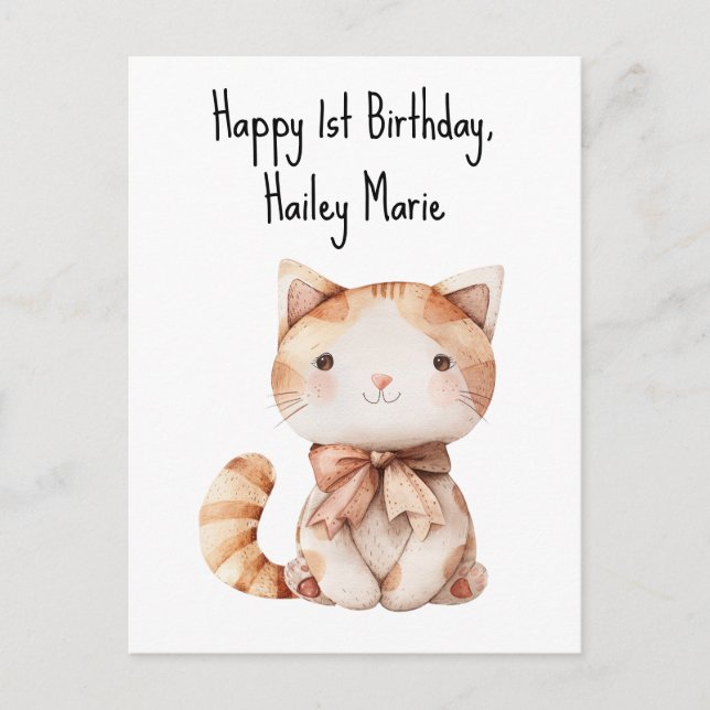 Postal Gato de peluche personalizado para primer cumpleañ (Anverso)