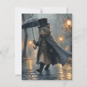 Postal Gato de perro paseando en la lluvia con un paragua