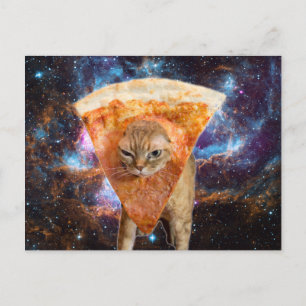 Postal Gato de pizza en el espacio con pizza Slice