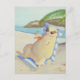 Postal Gato de playa de vacaciones bajo árbol de palmas