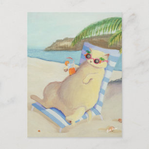 Postal Gato de playa de vacaciones bajo árbol de palmas
