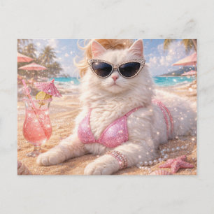 Postal Gato de Playa Glamuroso con Gafas de Sol