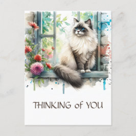 Postal Gato de Ragdoll Beige en la ventana con flores de 