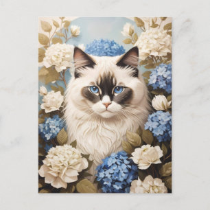 Postal Gato De Ragdoll Con Flores De Hidrangea Azul
