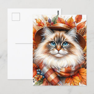Postal Gato De Ragdoll En Escarcha De Otoño Con Hojas De 