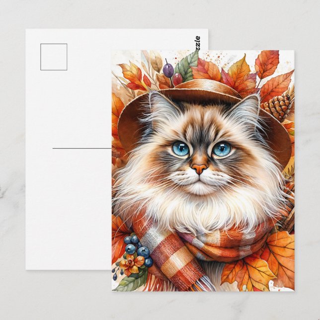 Postal Gato De Ragdoll En Escarcha De Otoño Con Hojas De  (Anverso / Reverso)
