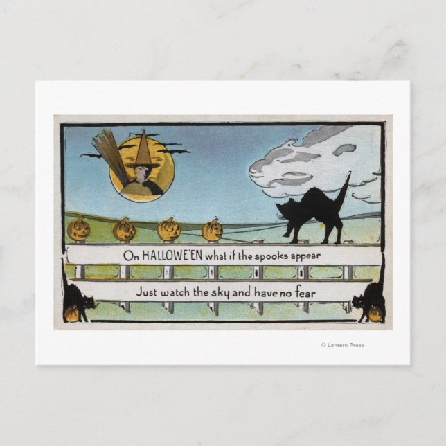 Postal Gato de saludo de Halloween en la cerca (Anverso)