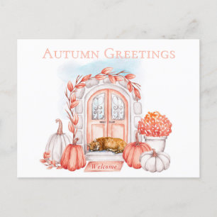 Postal Gato de saludos de otoño en la acogedora temporada