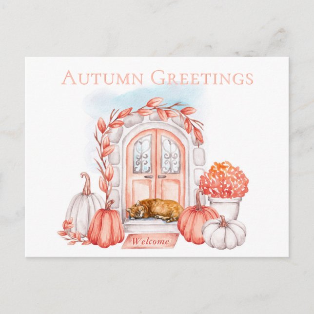 Postal Gato de saludos de otoño en la acogedora temporada (Anverso)