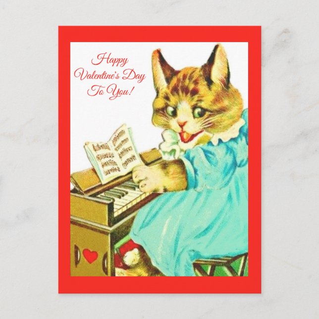 Postal Gato de San Valentín jugando al piano ¡Feliz Día d (Anverso)