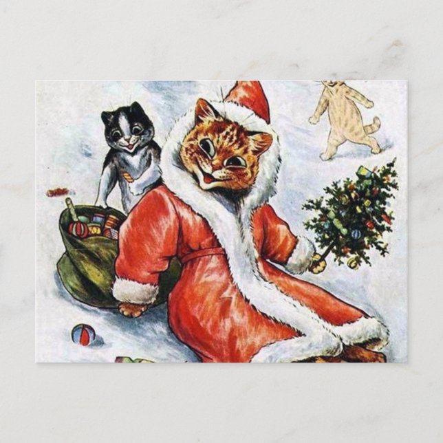 Postal Gato de Santa de Navidad de Louis Wain (Anverso)
