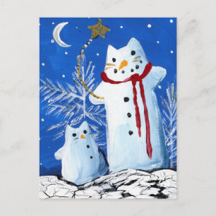 Postal Gato de snowman Wish sobre una estrella