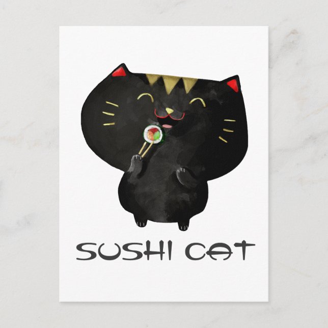 Postal Gato de sushi negro lindo kawaii (Anverso)