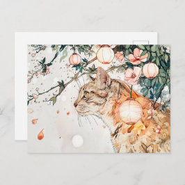 Postal Gato de Tabby Geisha entre faroles brillantes en c