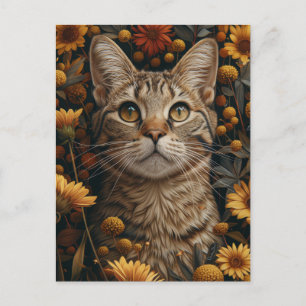 Postal Gato de Tabby Gris en el jardín de flores otoño