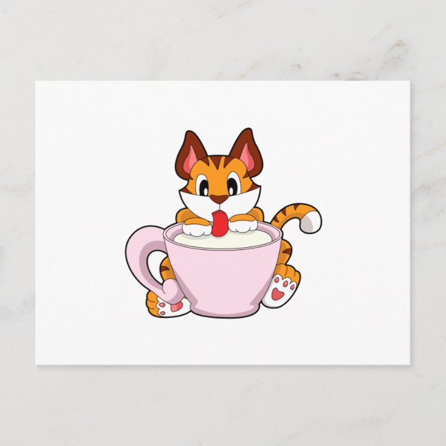 Postal Gato de tigre con una copa de leche. PNG (Anverso)
