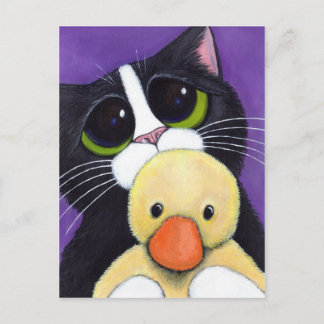 Postal Gato de Tuxedo asustado y pintura de pato tierno