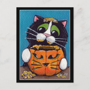 Postal Gato de Tuxedo con calabaza de Halloween