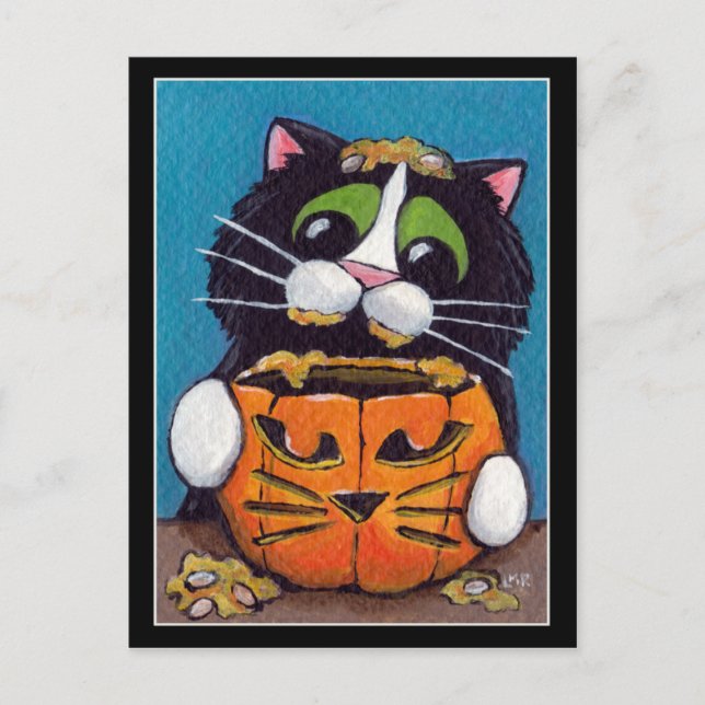 Postal Gato de Tuxedo con calabaza de Halloween (Anverso)