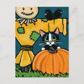 Postal Gato de Tuxedo con calabaza y Ilustracion de espan