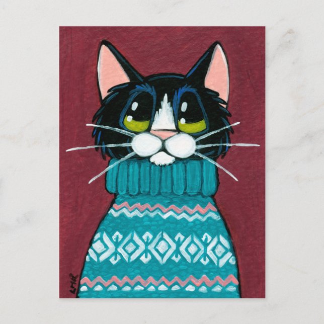 Postal Gato de Tuxedo con una pintura de suéter fea (Anverso)