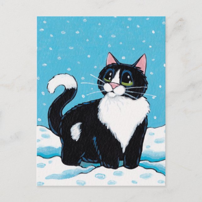 Postal Gato de Tuxedo de pie sobre la rodilla en pintura  (Anverso)