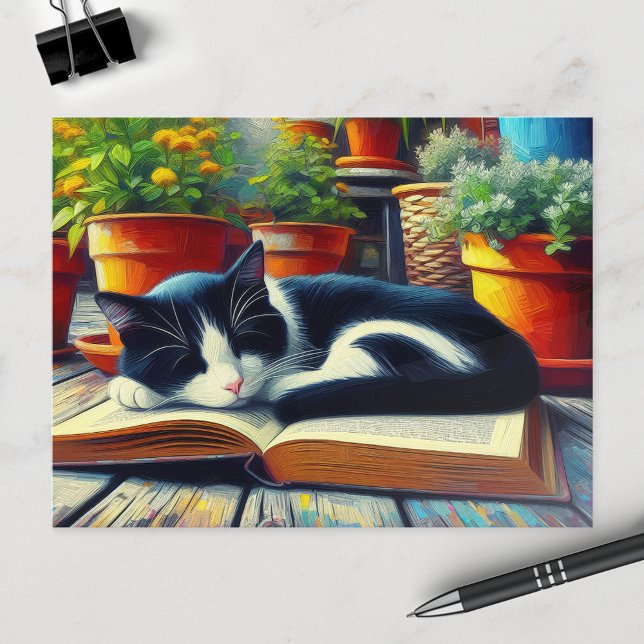 Postal Gato de Tuxedo durmiendo en la pintura de un jardí (Subido por el creador)