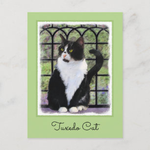 Postal Gato de Tuxedo en la ventana Pintura de arte anima