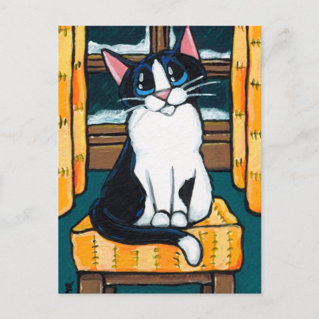 Postal Gato de Tuxedo en pintura de ventana nevada (Anverso)