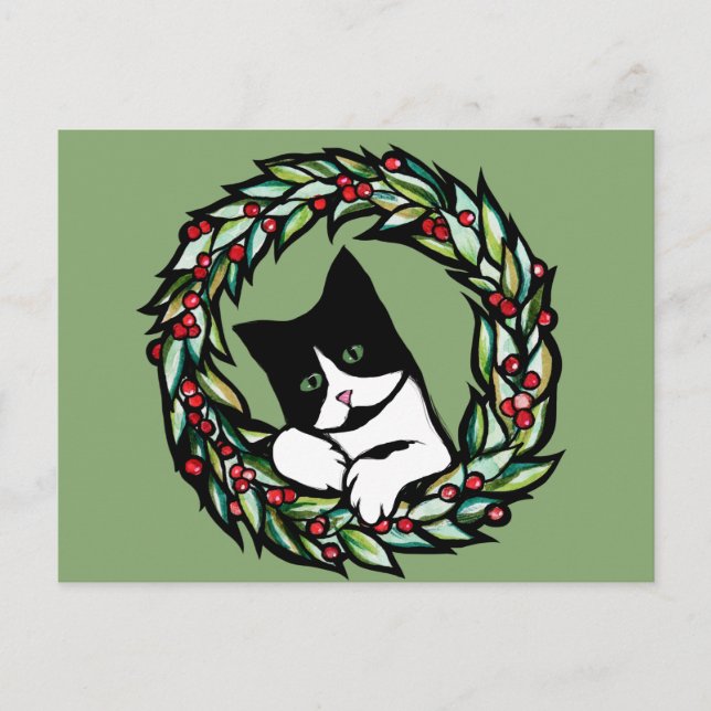 Postal Gato de Tuxedo Navidades Yule Holiday gatos catas  (Anverso)