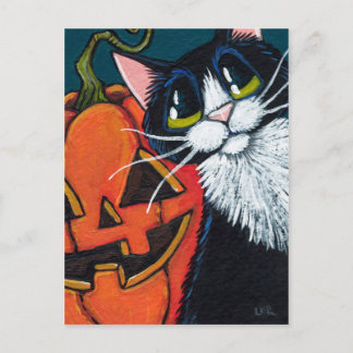 Postal Gato de Tuxedo y linterna sonriente de calabaza