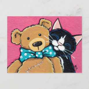 Postal Gato de Tuxedo y Oso de Teddy con corbatas