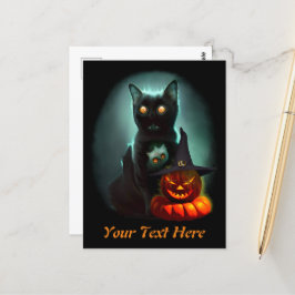 Postal Gato de vampiros y mago calabaza Halloween Surreal