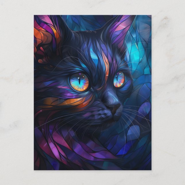 Postal Gato de vidrio manchado caprichoso y colorido (Anverso)