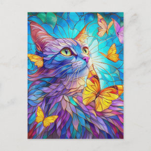 Postal Gato de vidrio teñido 730 mariposas azules amarill