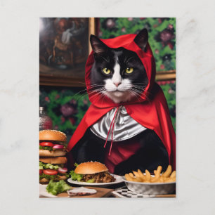 Postal Gato del Caperucita Rojo come hamburguesa y frijol