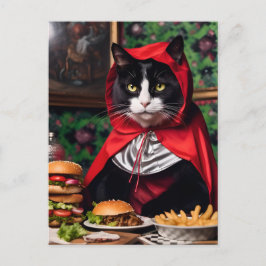 Postal Gato del Caperucita Rojo come hamburguesa y frijol
