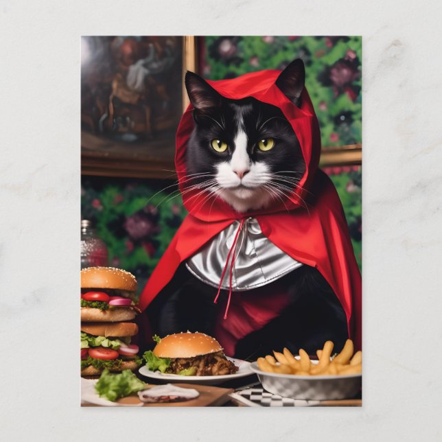 Postal Gato del Caperucita Rojo come hamburguesa y frijol (Anverso)