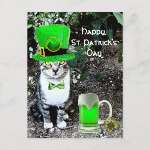 POSTAL GATO DEL DÍA DE SAN PATRICK CON CERVEZA IRLANDESA