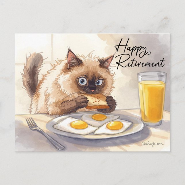 Postal Gato desayunando Feliz Jubilación (Anverso)