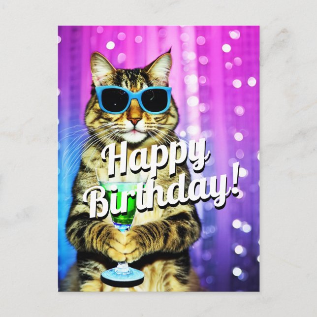 Postal Gato divertido brindando por cumpleaños  (Anverso)