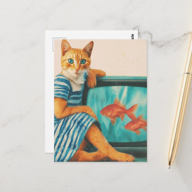 Postal Gato Divertido Con Collage Retro De Pez Dorado (Anverso/Reverso In Situ)